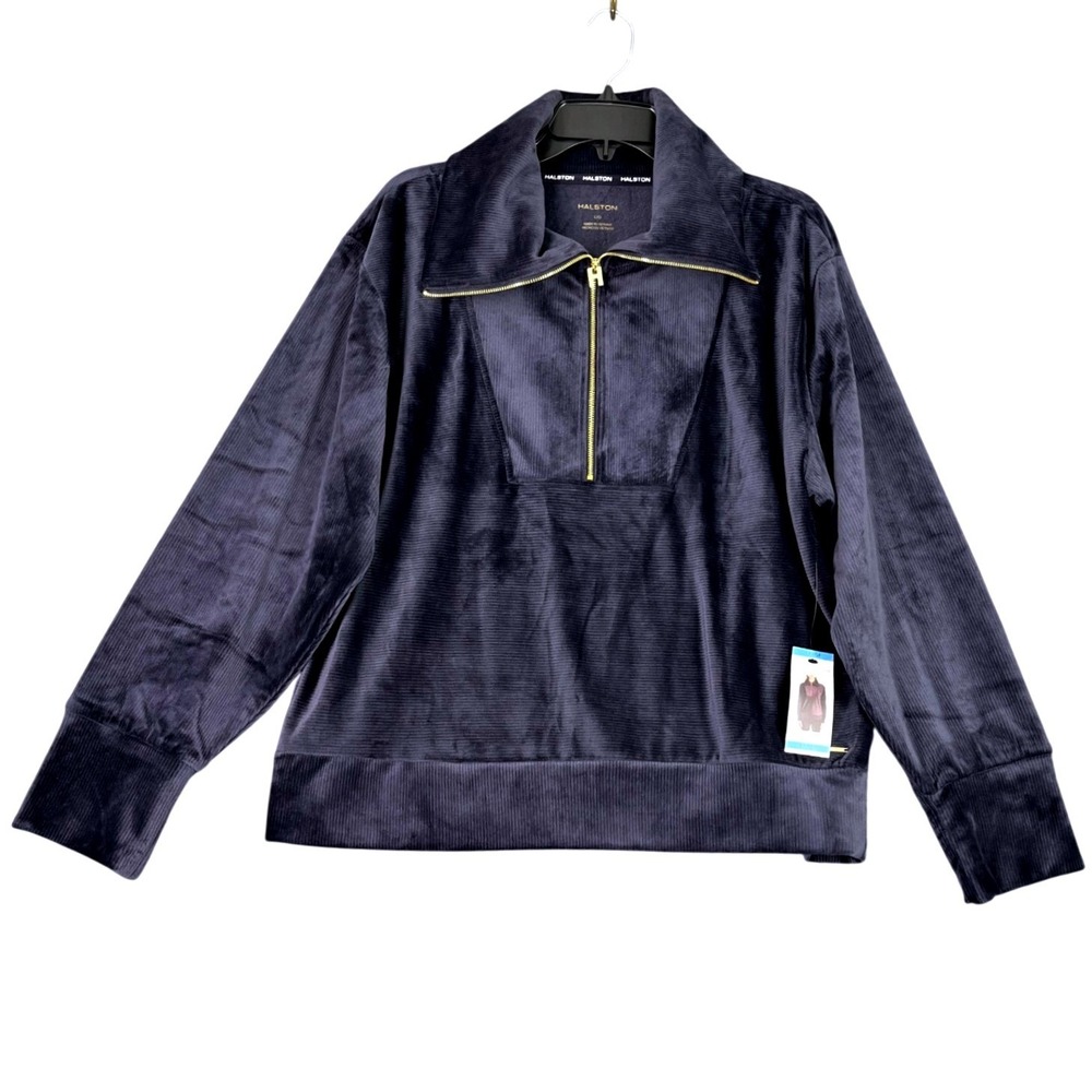 Halston Velour Quarter Zip Pullover Womens L Navy Ribbed Gold Zipper NWT